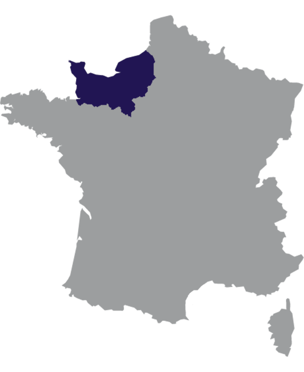Landkaart Frankrijk grijs met regio Normandië donkerblauw op transparante achtergrond - 600 * 733 pixels